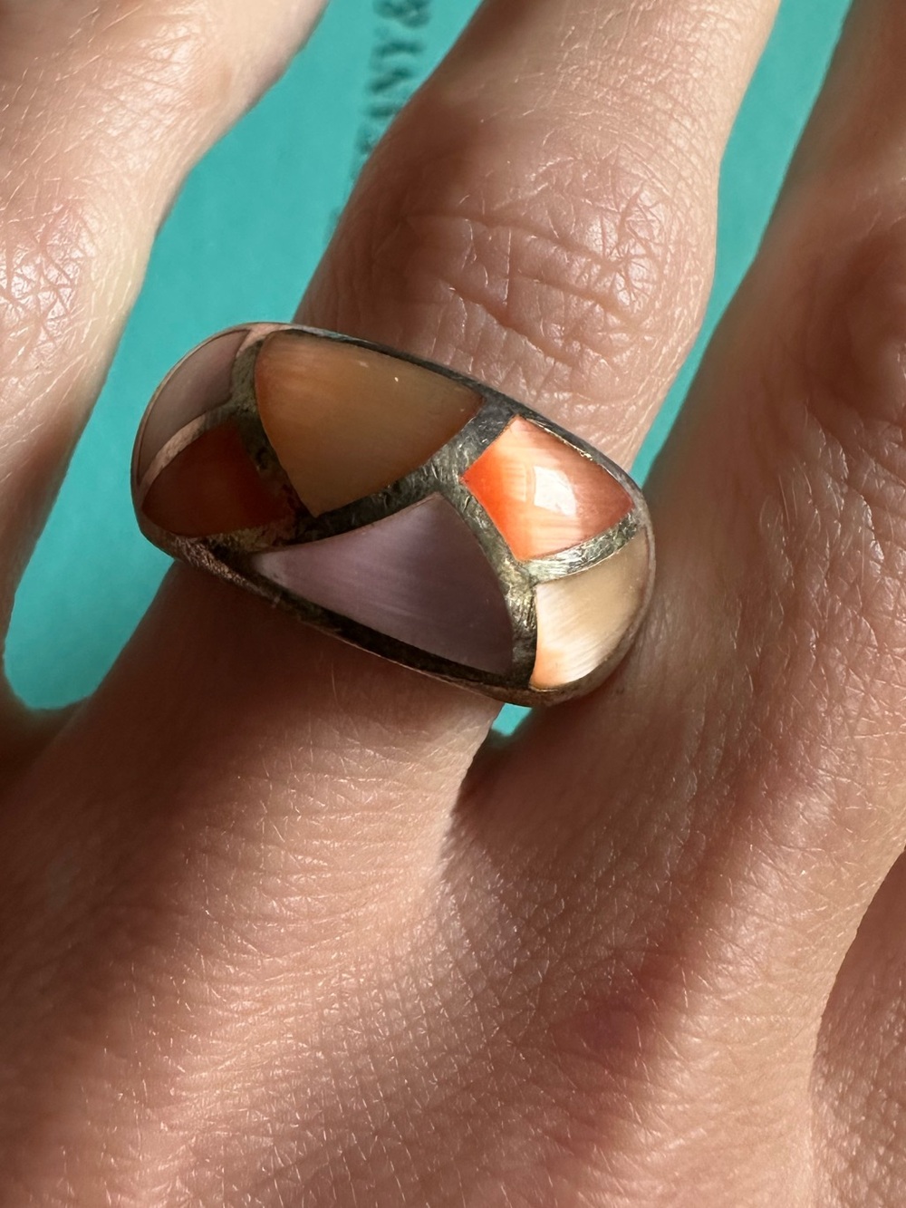 Vintage Sterling Inlaid Mosaic Ring 5.75